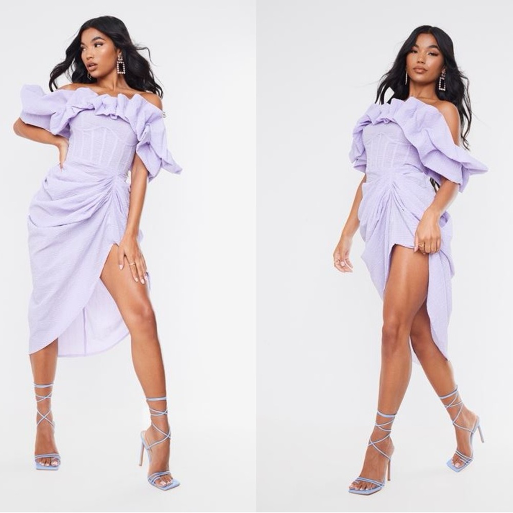 Lilac Textured Woven Frill Edge Draped Midi Dress